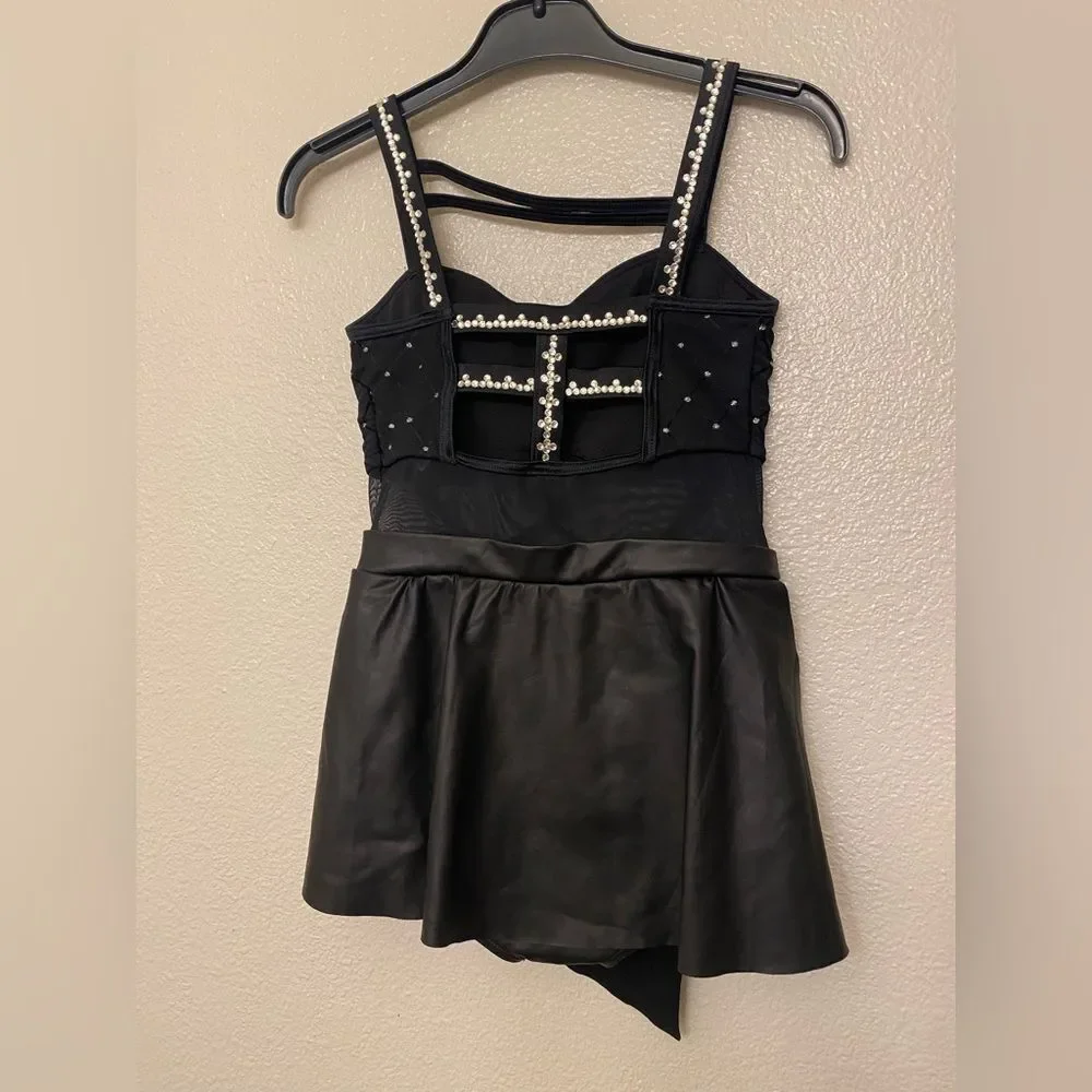 Weissman dance costume Black faux leather rhinestone The Last Goodbye 15582 MC